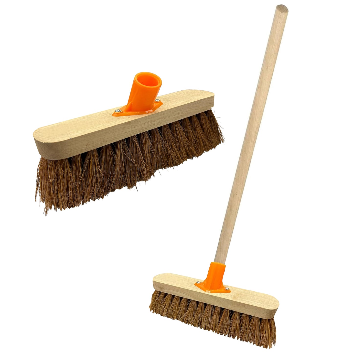 Traditional 10" Coco & 12" Bassine Wooden Sweeping Brushes With Support Bracket Suitable For Home, Garden & Yards
