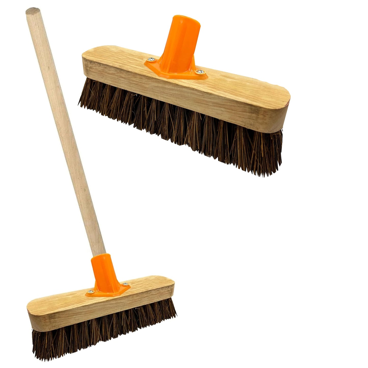 Traditional 10" Coco & 12" Bassine Wooden Sweeping Brushes With Support Bracket Suitable For Home, Garden & Yards