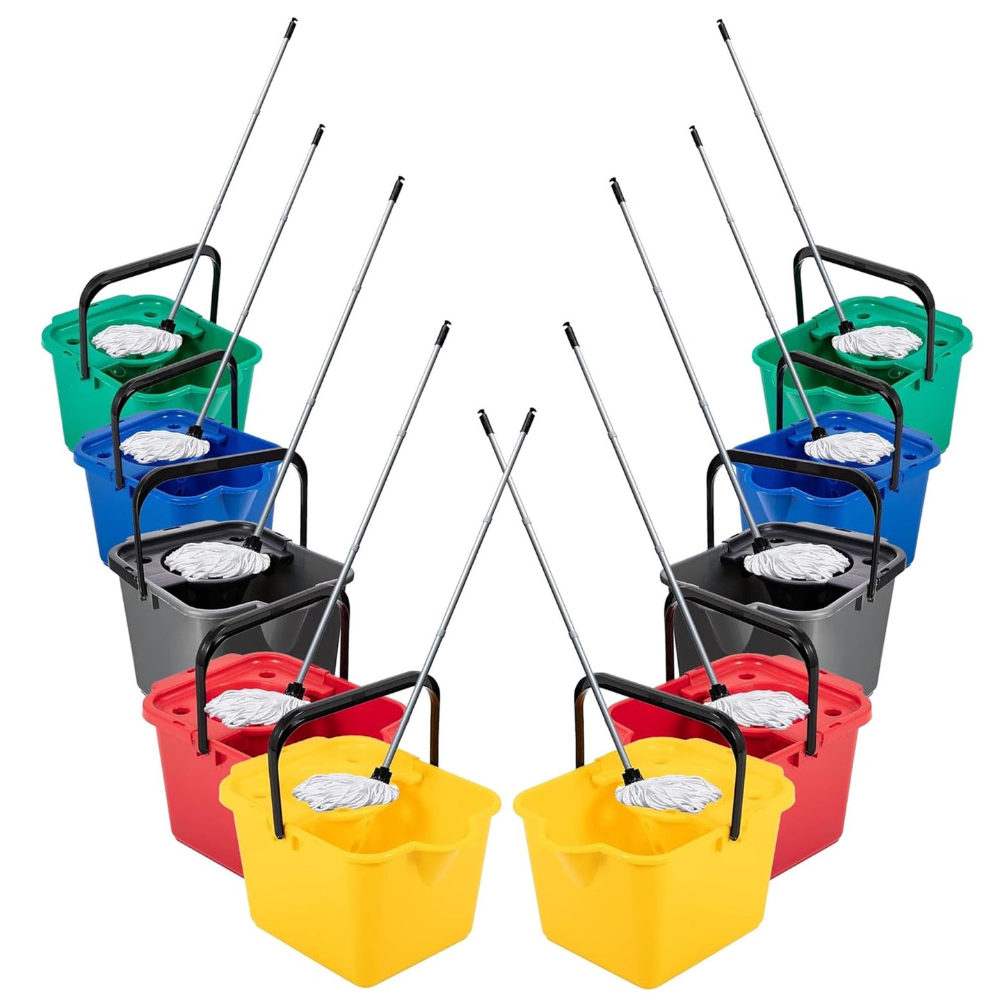 Red, Green, Yellow, Blue & Metallic 12 Litre Cotton Mop & Bucket Hard Floor Cleaning Set With Wringer & Pouring Lip