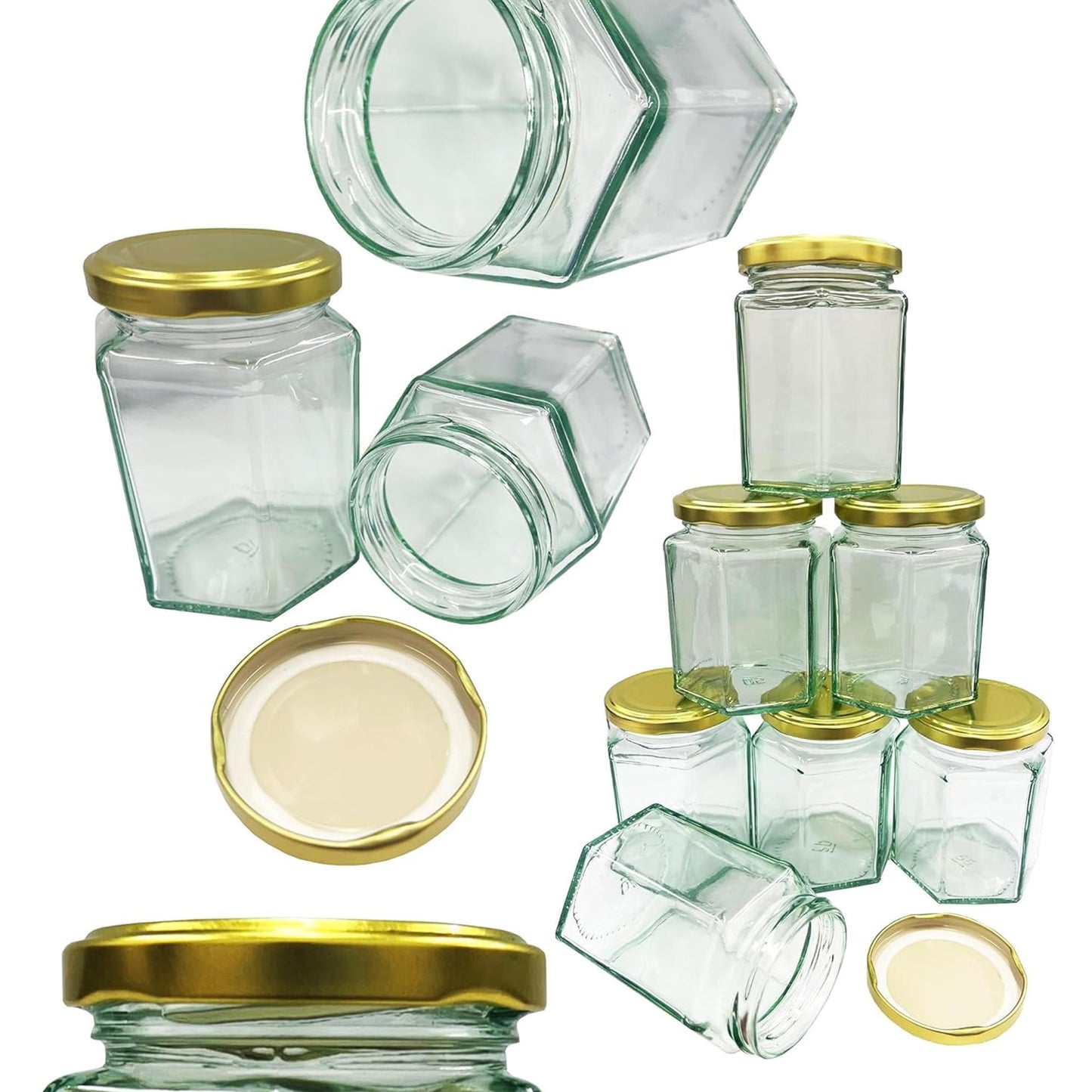 Gold Twist Top Hexagonal Clear Airtight Jam Jars For Preserving Jam, Pickle, Honey & Sweets