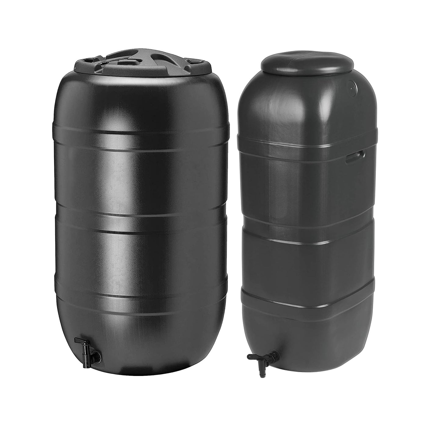 100 Litre & 210 Litre Black Outdoor Space Saver Garden Water Butts Complete With Tap & Lid