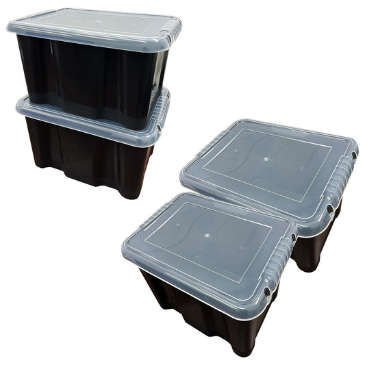 Stackable 24 Litre Black Plastic Storage Containers With See Through Transparent Lids For Home/Office