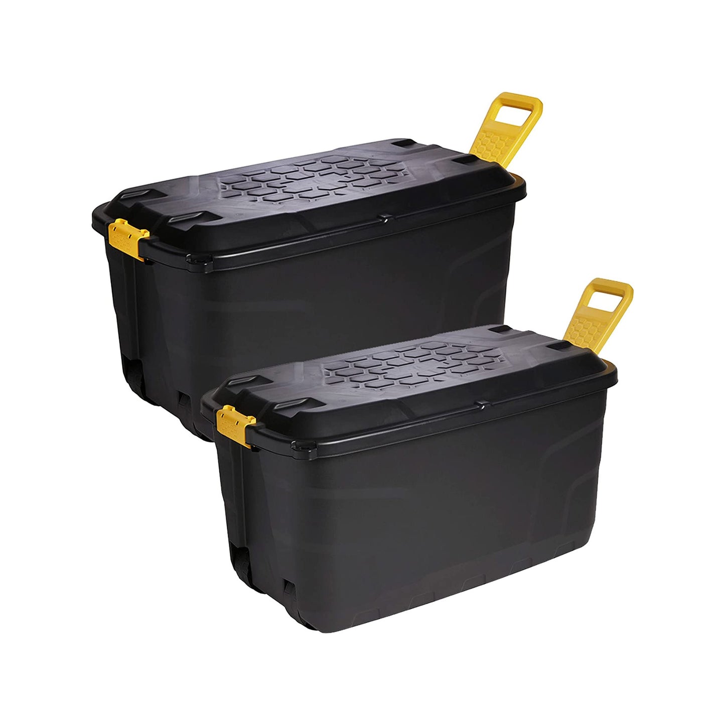 Large Heavy Duty Indoor Outdoor Black Storage Trunks With Lids, Wheels & Yellow Handles