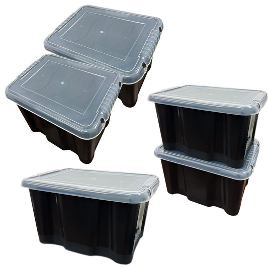 5 x 24 Litre Black Base Strong Plastic Home Office Storage Containers With Clear Lids