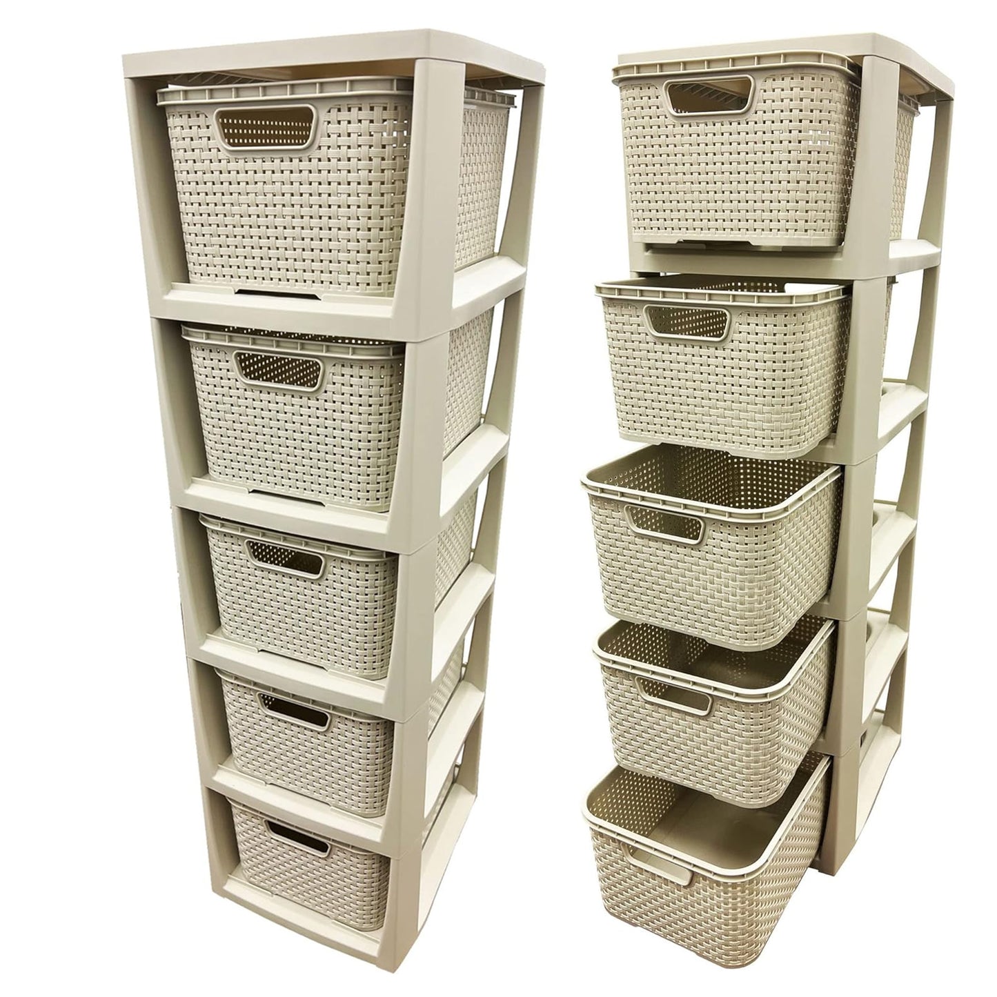 3, 4 Or 5 Drawer Large Spacious Rattan Effect Cream & Grey Home OfficeModular Storage Tower Unit