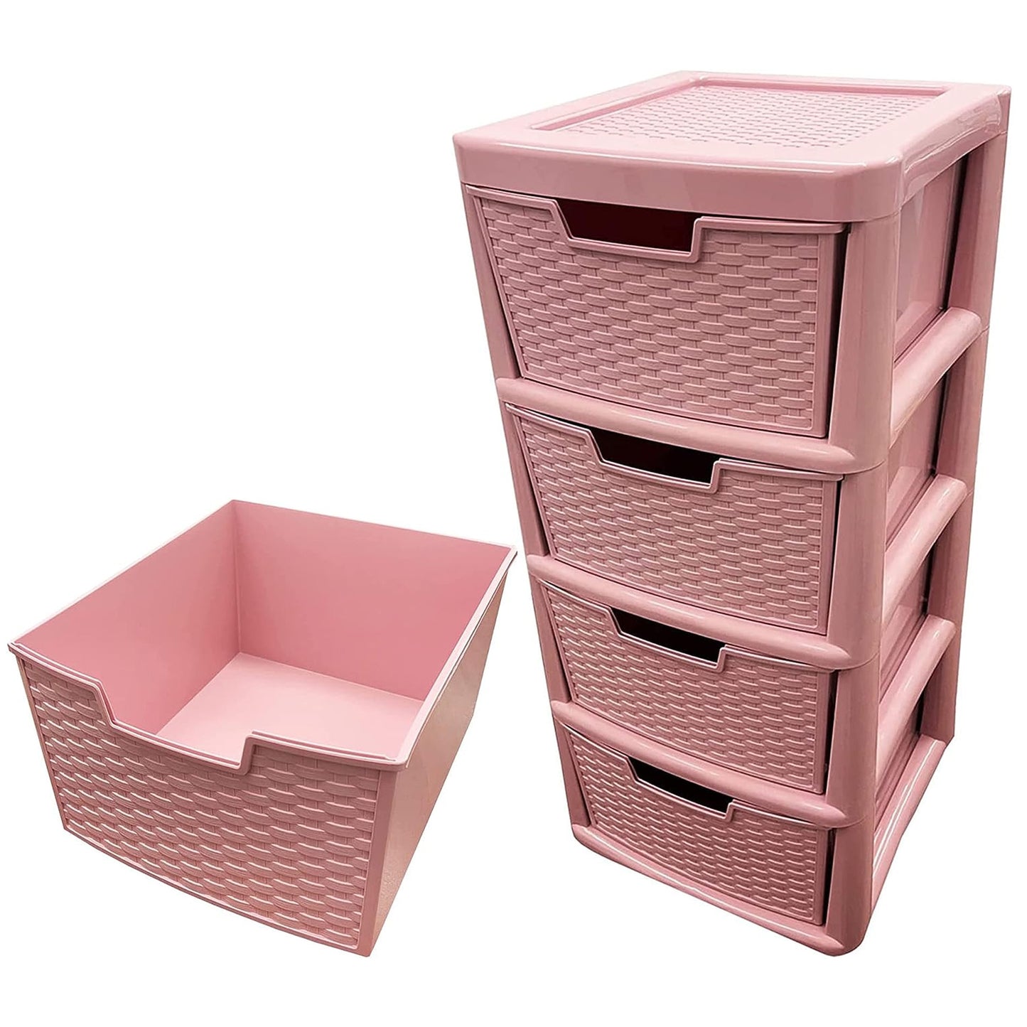 Pink & Cream 4 Drawer Spacious Rattan Effect Storage Unit For Home & Office