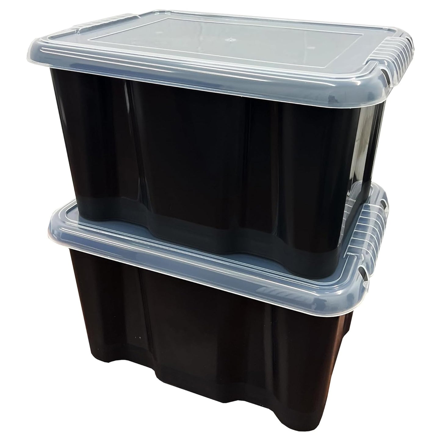 Stackable 24 Litre Black Plastic Storage Containers With See Through Transparent Lids For Home/Office