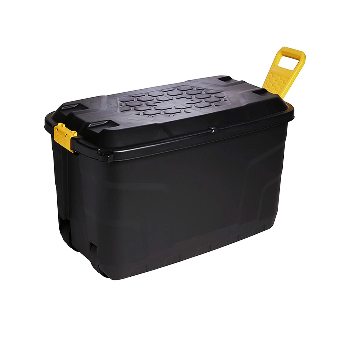 Large Heavy Duty Indoor Outdoor Black Storage Trunks With Lids, Wheels & Yellow Handles