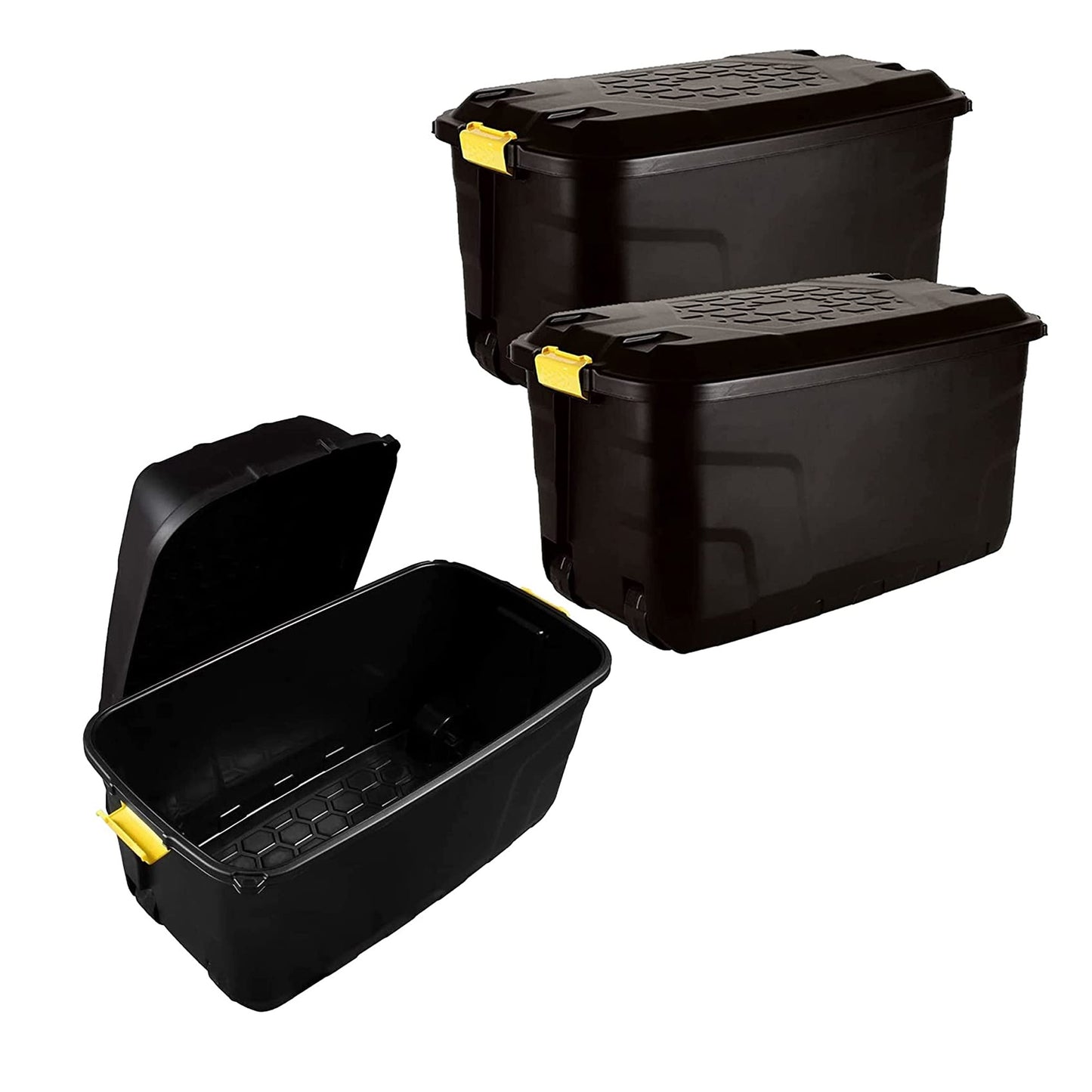 Large Heavy Duty Indoor Outdoor Black Storage Trunks With Clip On Lids & Wheels