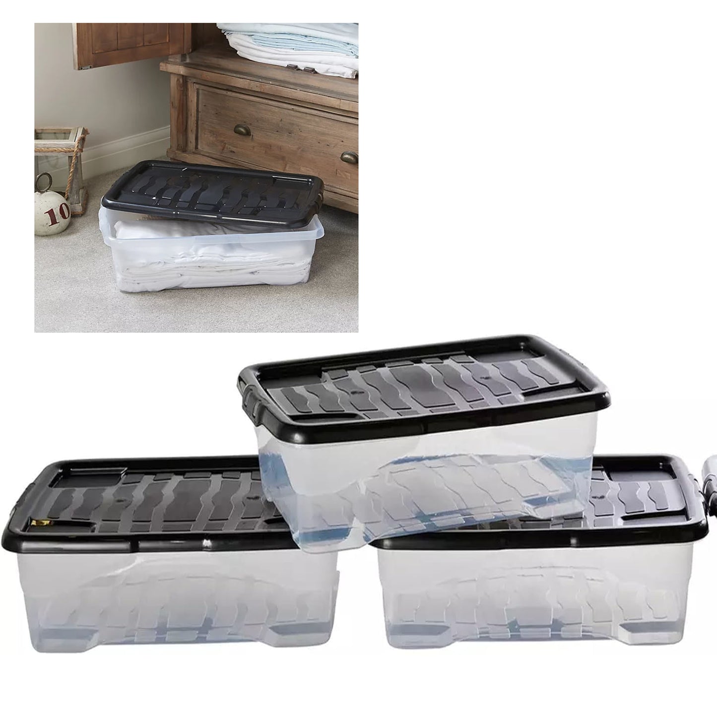 Pack Of 2 Underbed Clear Plastic Stackable Storage Boxes With Black Lids