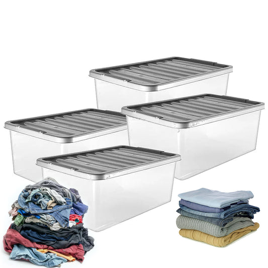 4 x Underbed 32 Litre Plastic Home Office Storage Container Set With Silver Lids