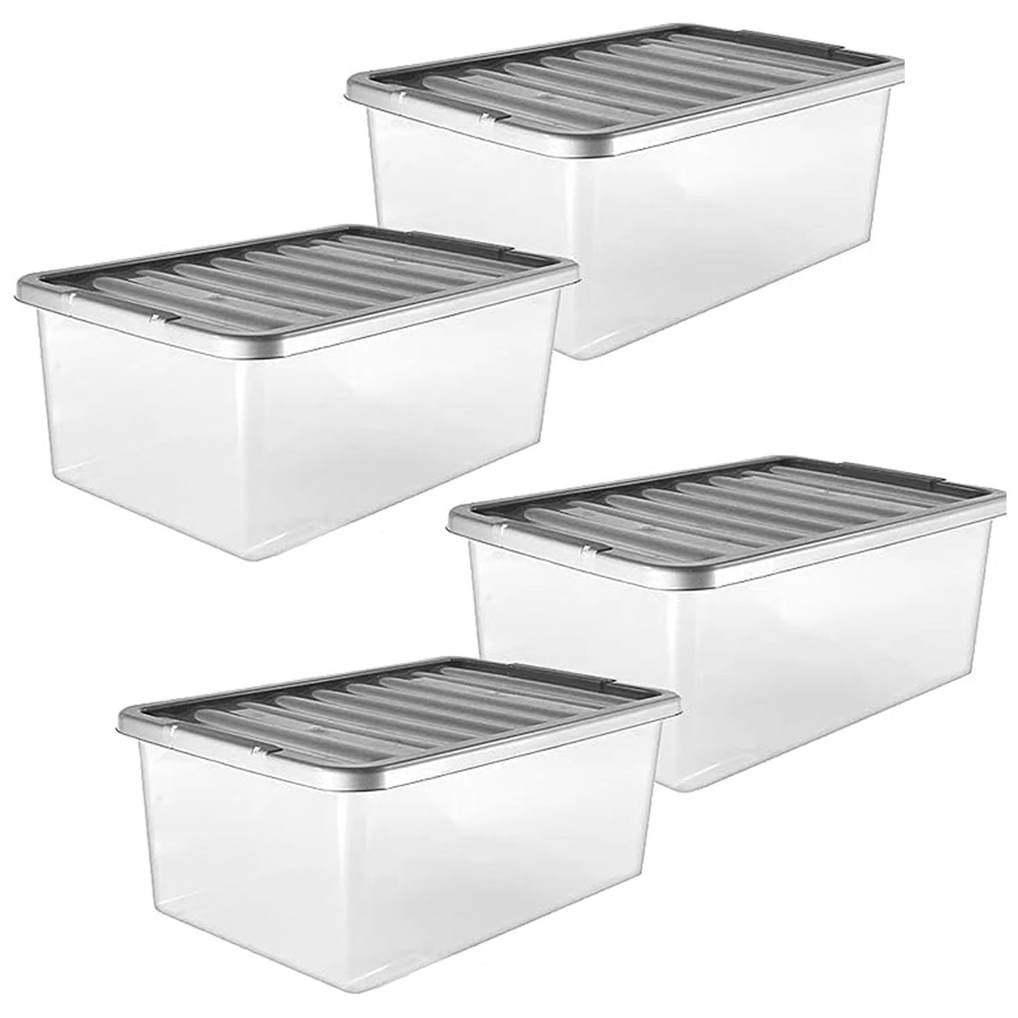 4 x Underbed 32 Litre Plastic Home Office Storage Container Set With Silver Lids