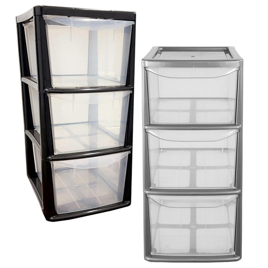 Medium Silver Or Black Modular 3 Drawer Storage Tower Unit For Home Office Schools With Clear Drawers
