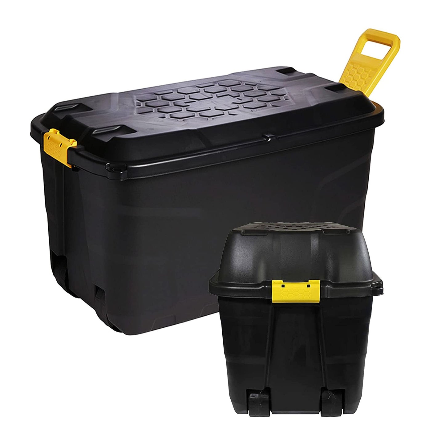 Large Heavy Duty Indoor Outdoor Black Storage Trunks With Lids, Wheels & Yellow Handles