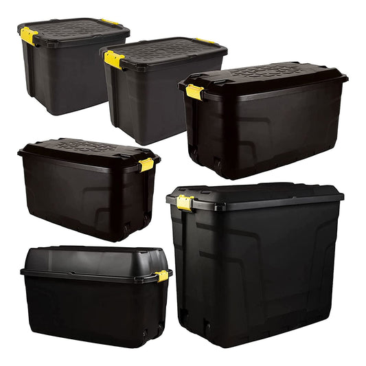 Large Heavy Duty Indoor Outdoor Black Storage Trunks With Clip On Lids & Wheels