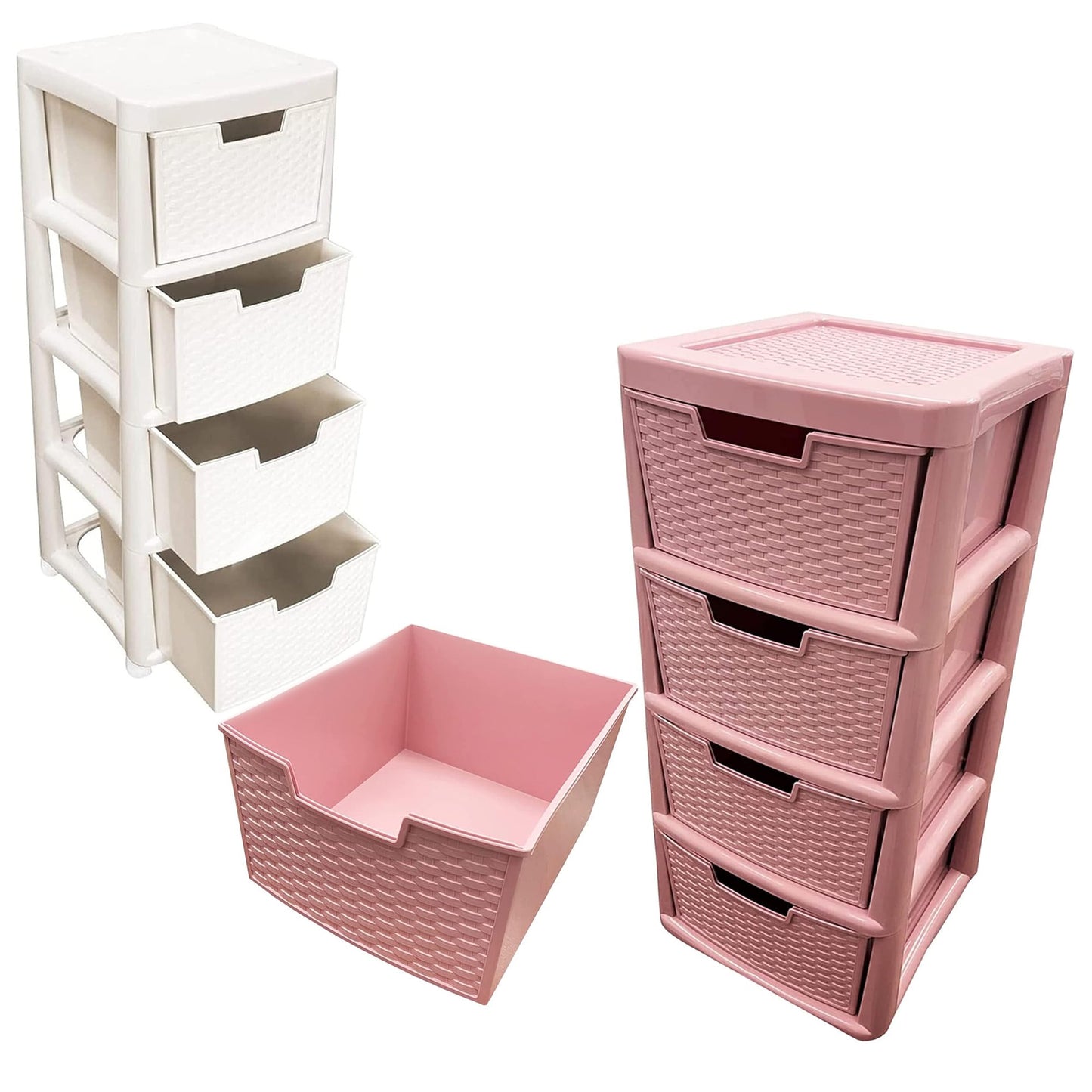 Pink & Cream 4 Drawer Spacious Rattan Effect Storage Unit For Home & Office