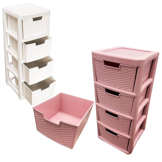 Pink & Cream 4 Drawer Spacious Rattan Effect Storage Unit For Home & Office