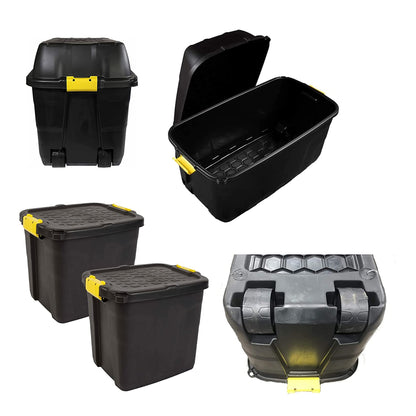 Large Heavy Duty Indoor Outdoor Black Storage Trunks With Clip On Lids & Wheels
