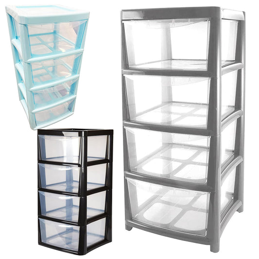 4 Clear Drawer Medium Black, Silver Or Blue Bedside Modular Storage Unit For Home & Office