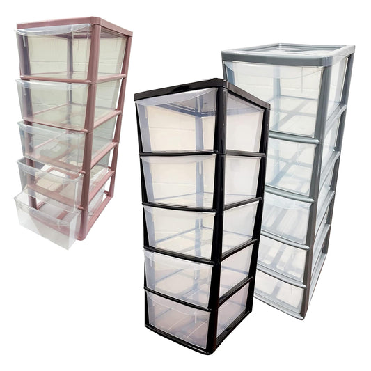 Large Tall Black, Silver & Pink 5 Drawer Storage Tower Unit For Home Office & Schools