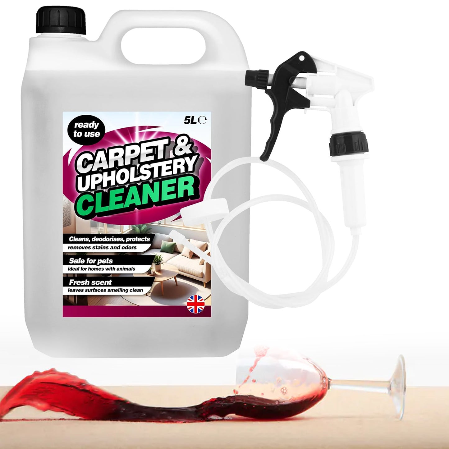 5 Litre Carpet & Upholstery Cleaner Removes Stains & Deodorises With Long Hose Trigger