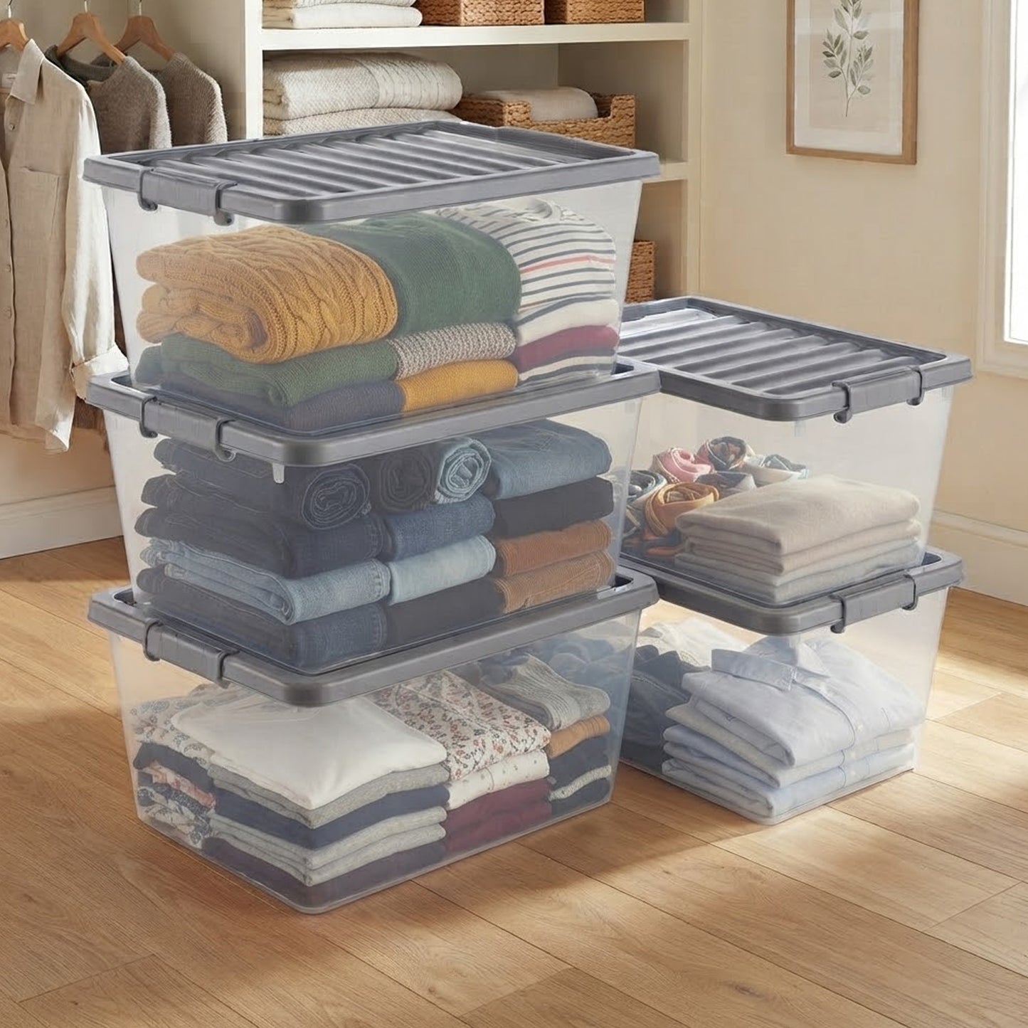 5 x 32L Clear Plastic Storage Boxes with Lids Underbed Storage Containers