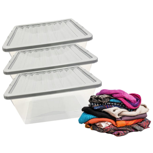 3 Large 62 Litre Clear Plastic Home Office Storage Containers Complete With Silver Lids