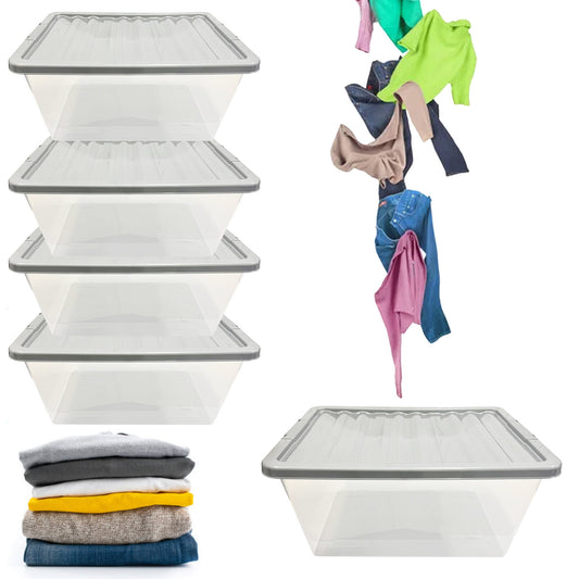 5 Large 62 Litre Clear Plastic Home Office Storage Containers Complete With Silver Lids