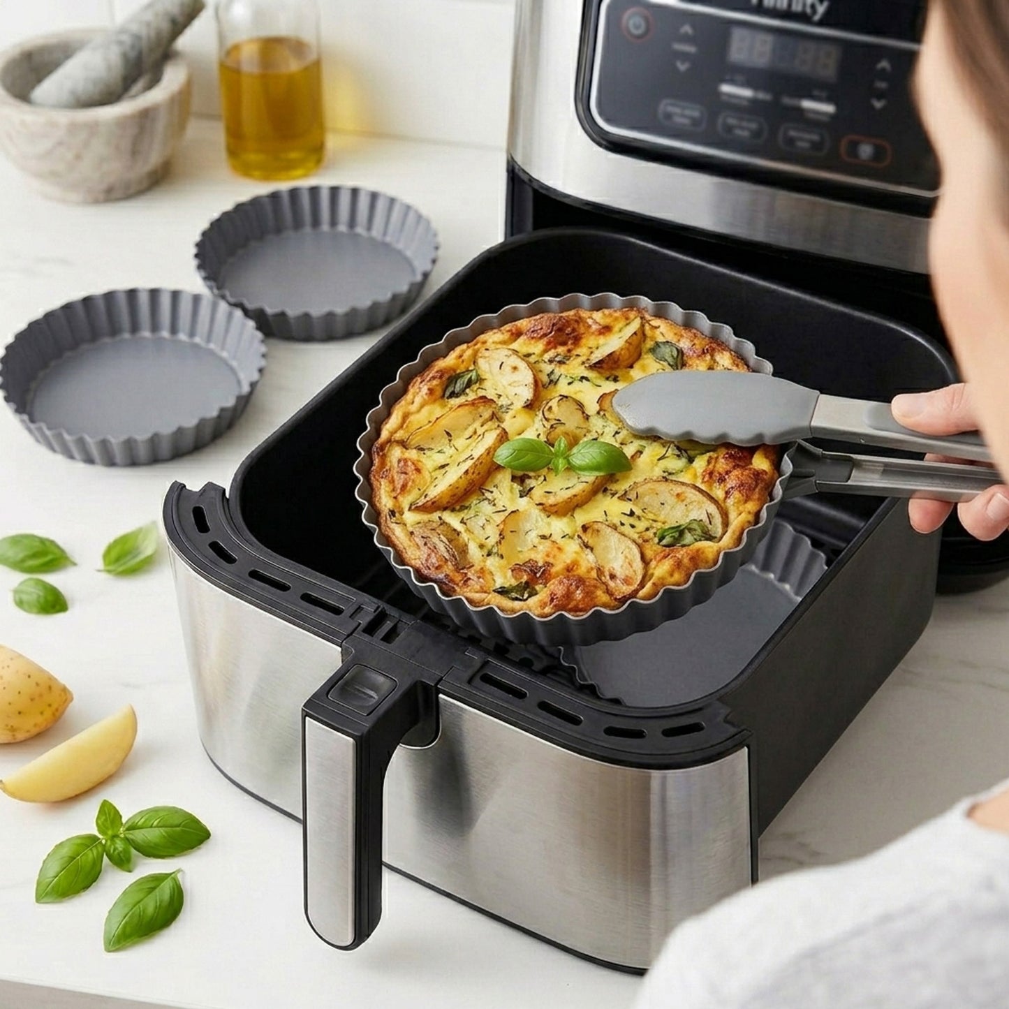 8.5cm Round Fluted Non-Stick Carbon Steel Air Fryer Cooking & Roasting Tins