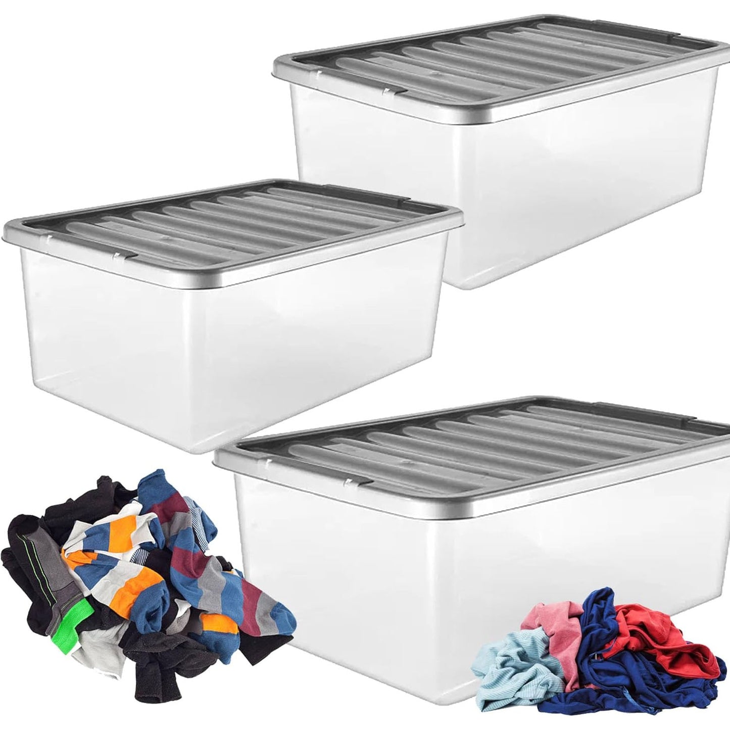 32 Litre Pack Of 3 Underbed Clear Plastic Storage Container Boxes Complete With Silver Lids