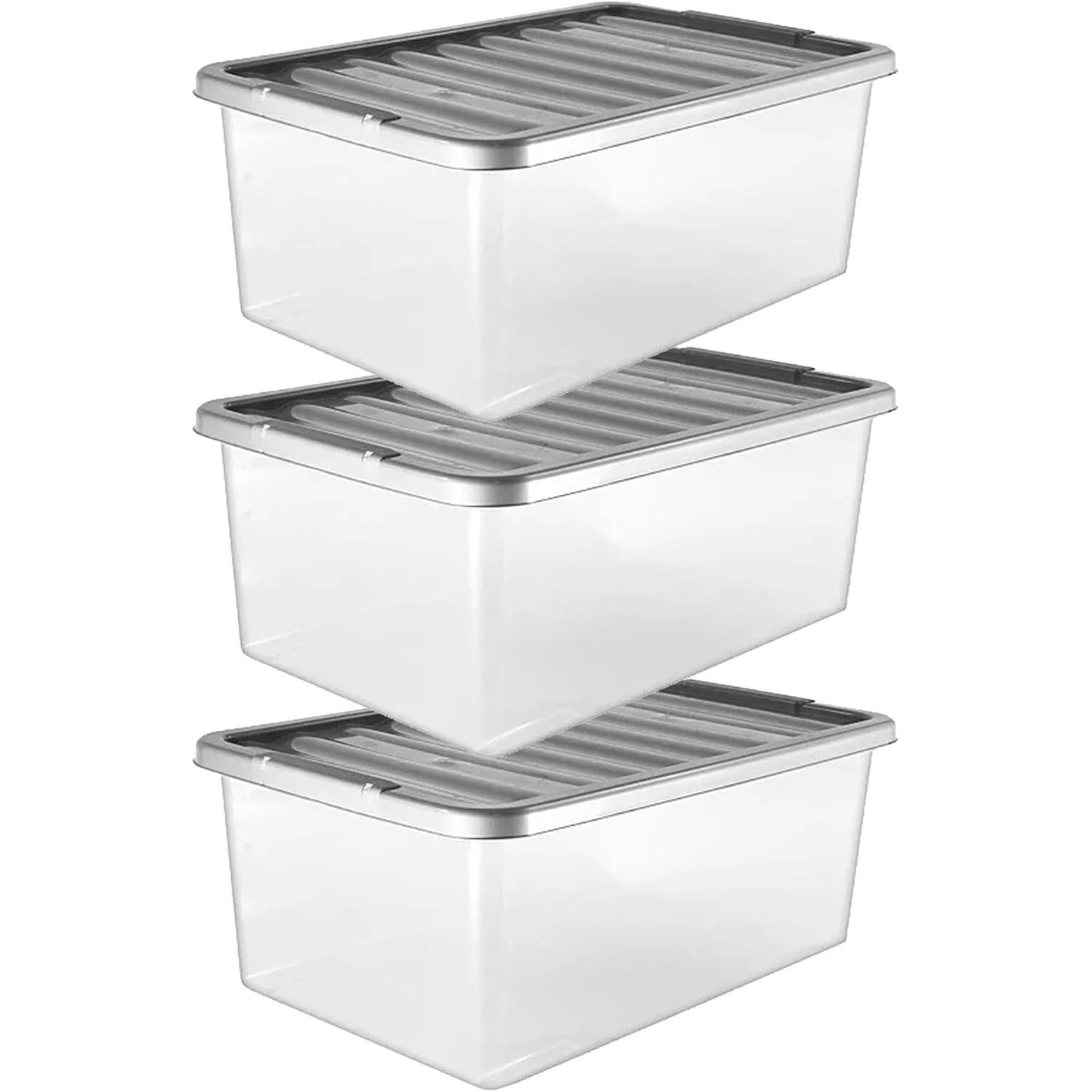 32 Litre Pack Of 3 Underbed Clear Plastic Storage Container Boxes Complete With Silver Lids