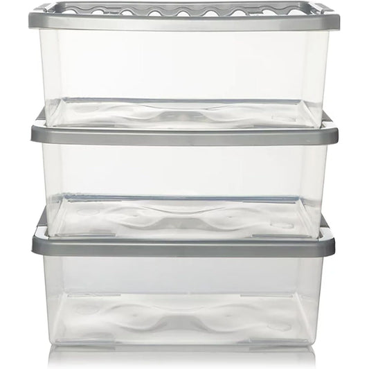 32 Litre Pack Of 3 Underbed Clear Plastic Storage Container Boxes Complete With Silver Lids