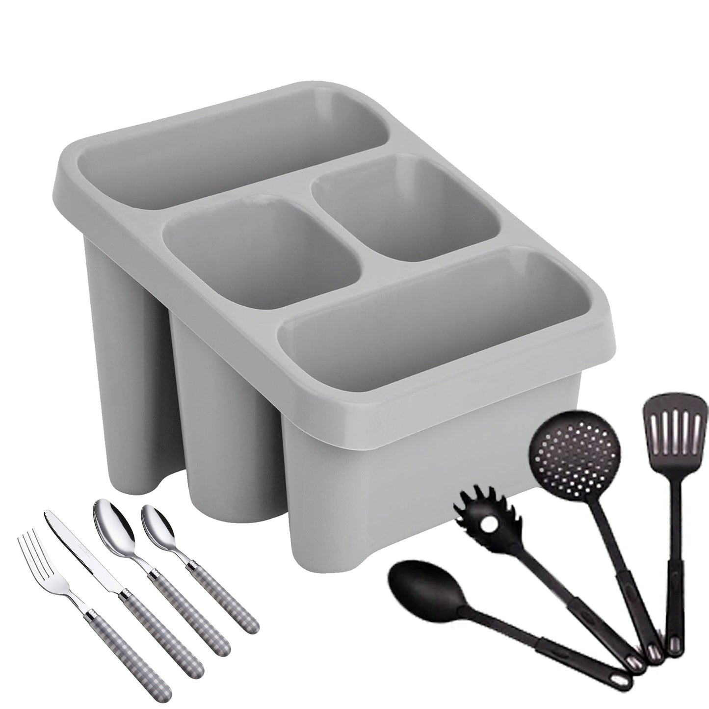 High Grade Cool Grey Sink Caddy Cutlery Drainer With 4 Compartments For Home & Kitchen