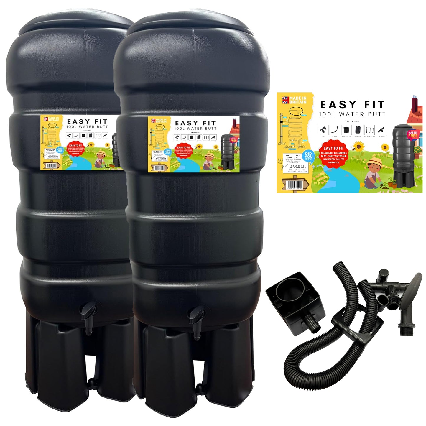 2 x 100L Black Traditional Rainwater Barrels Complete With Lids, Taps, Stands & Filler Kits