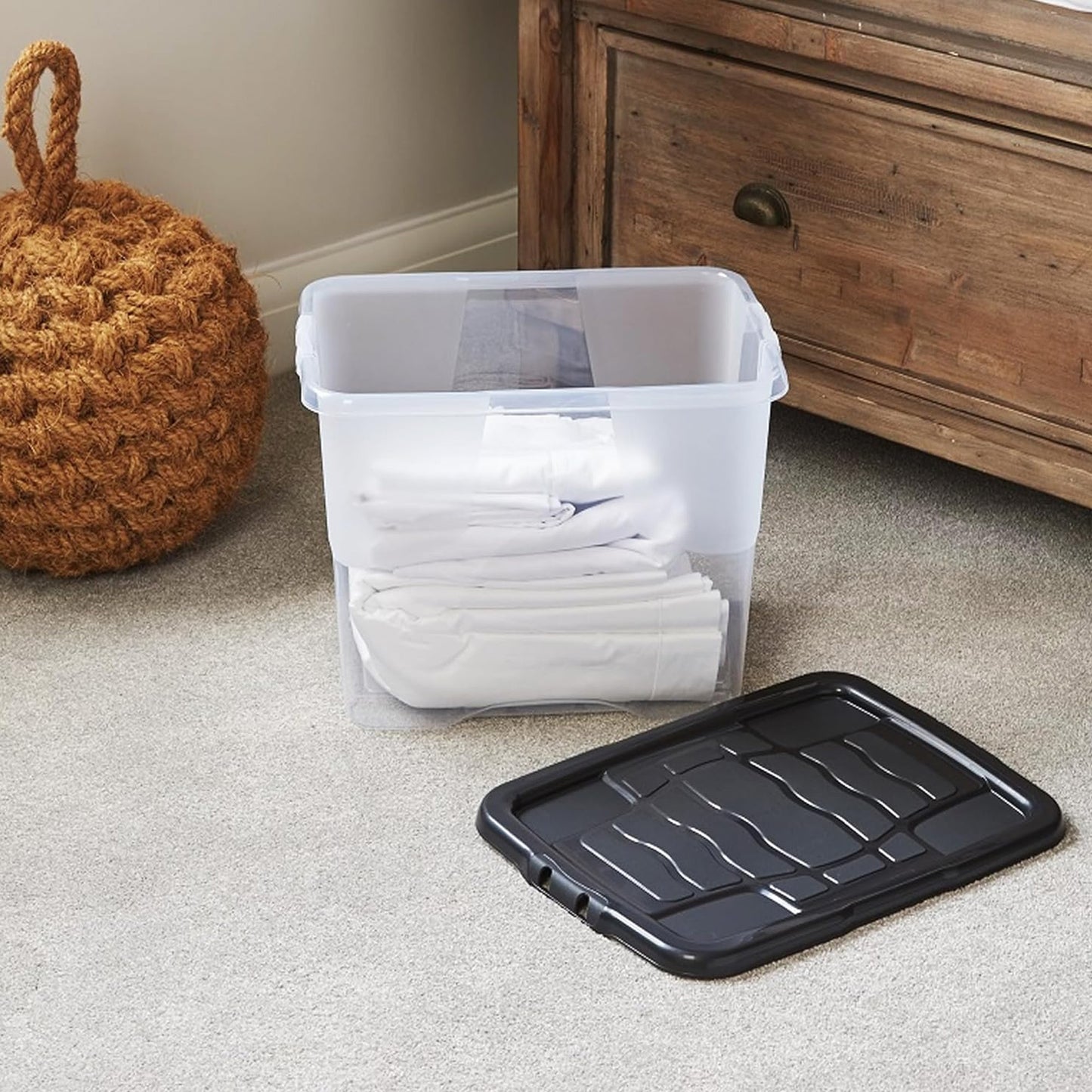 Set Of 5 Lightweight Home Office Large 24L Clear Storage Containers With Strong Black Lids