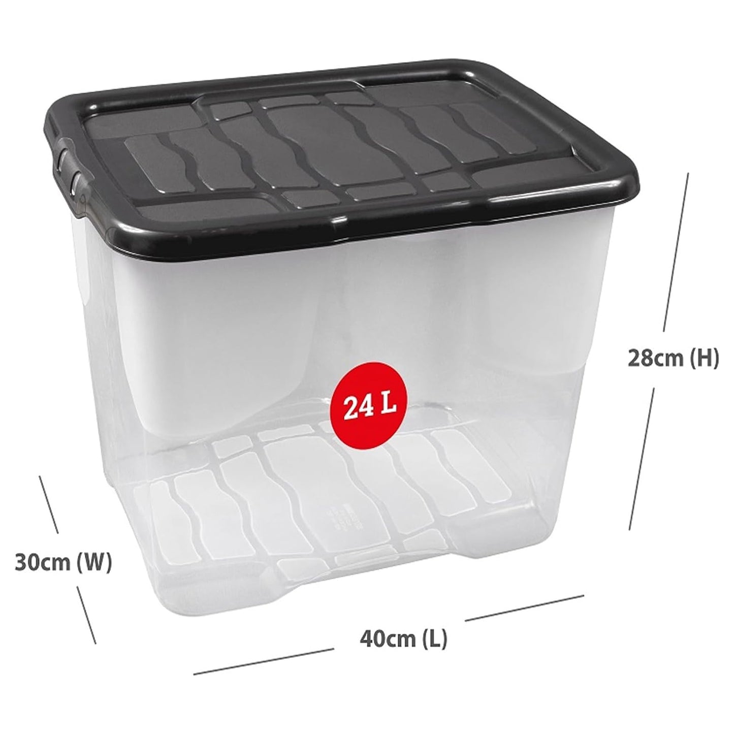 Set Of 5 Lightweight Home Office Large 24L Clear Storage Containers With Strong Black Lids