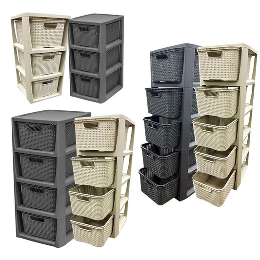 3, 4 Or 5 Drawer Large Spacious Rattan Effect Cream & Grey Home OfficeModular Storage Tower Unit