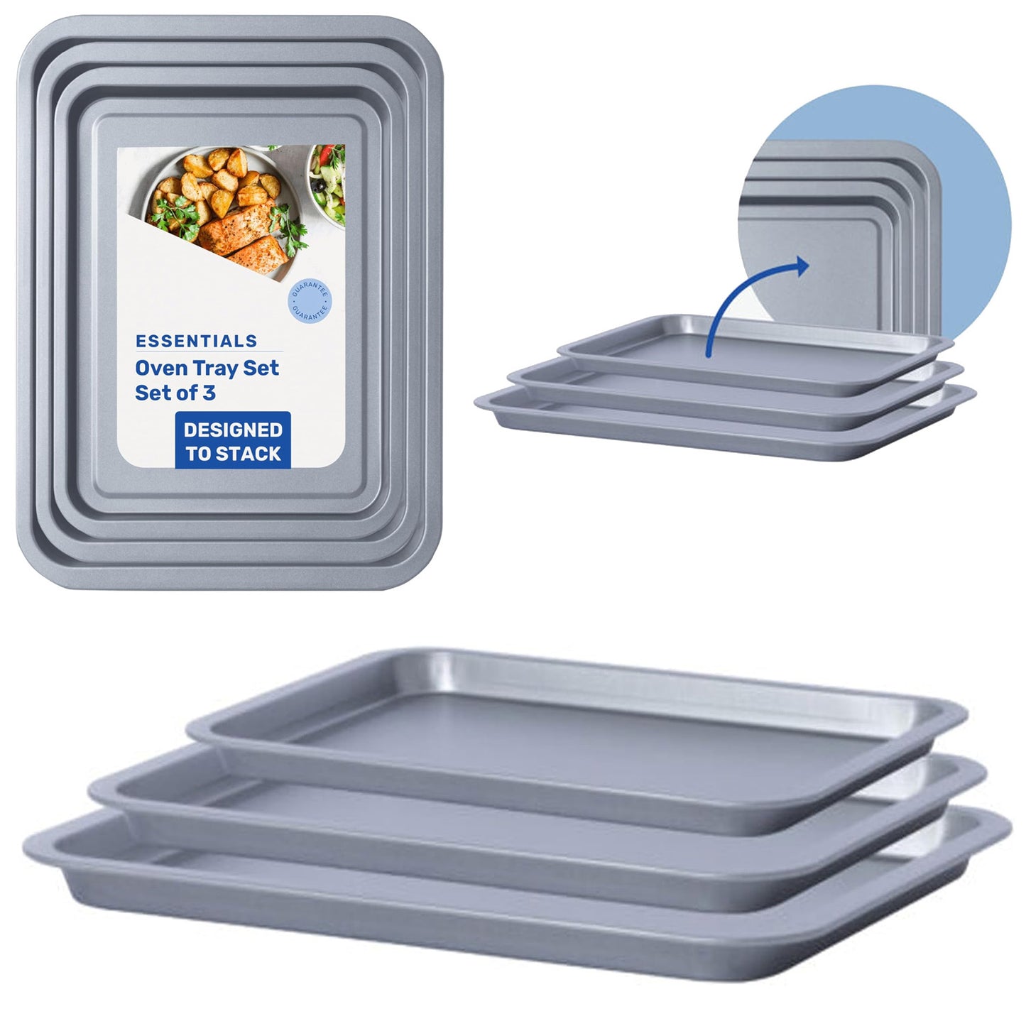 Pack Of 3 Essential Easy To Clean Non-Stick (35cm, 31cm & 28cm) Oven Tray Set