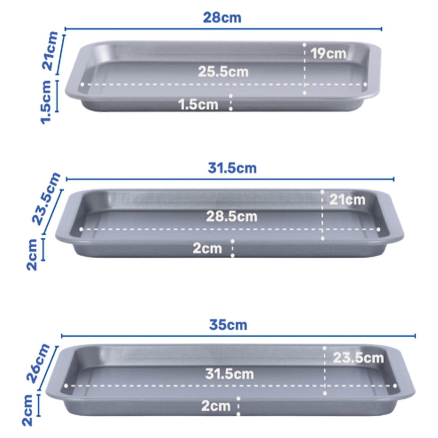 Pack Of 3 Essential Easy To Clean Non-Stick (35cm, 31cm & 28cm) Oven Tray Set