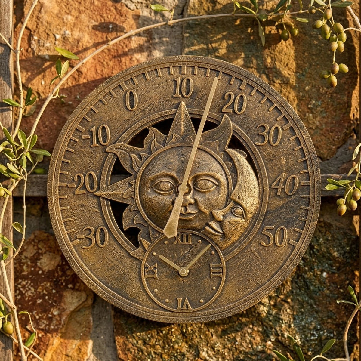 Retro Garden Wall Clock with Thermometer Sun & Moon Design Bronze Finish