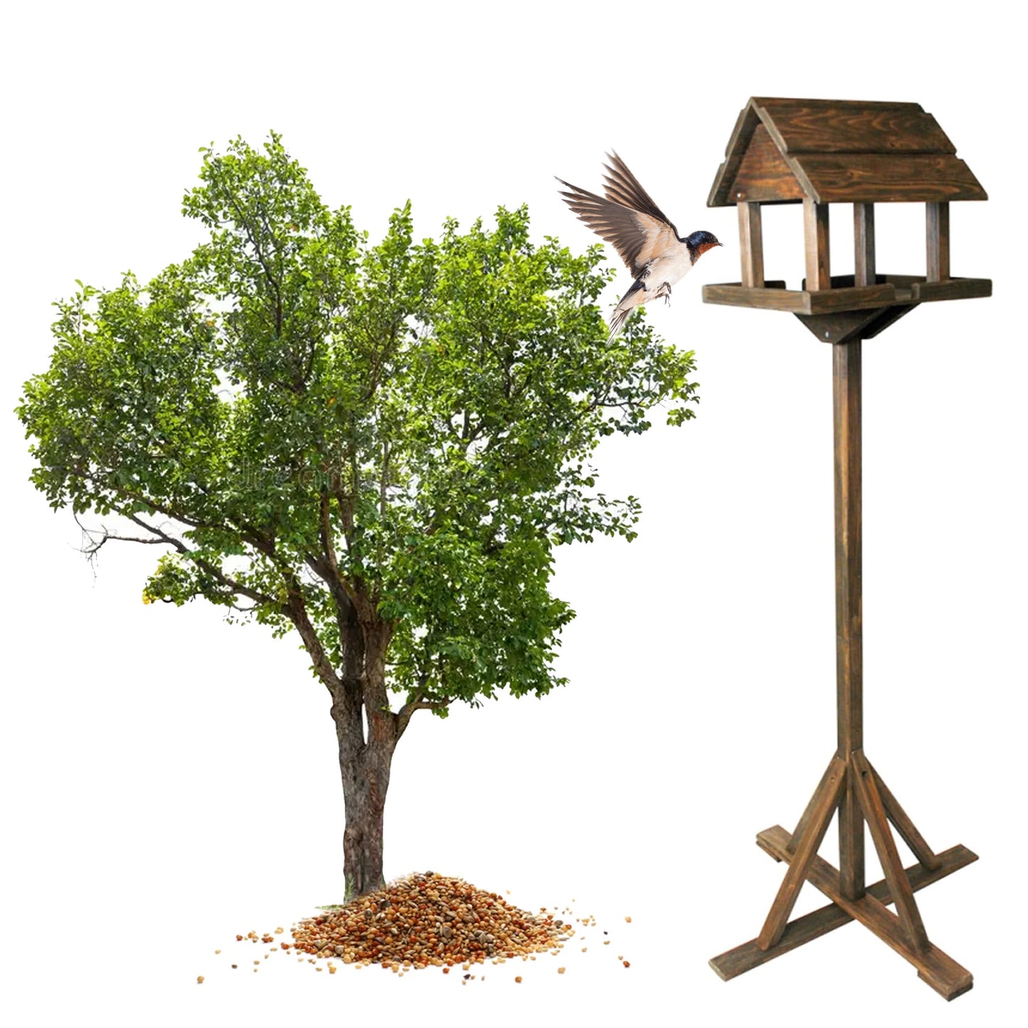 Free Standing Traditional Wooden Bird Table House Feeder For Outdoor Garden Areas