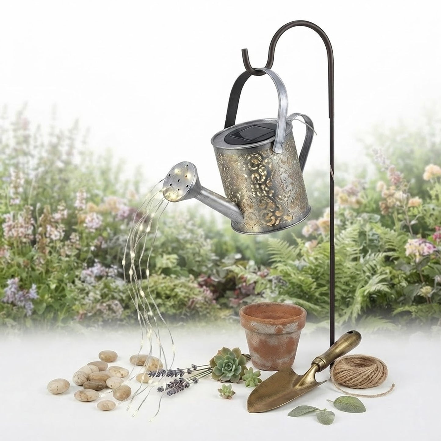 Solar Firefly Watering Can Lantern – Warm White Cascading LED, Weatherproof Garden Stake Light