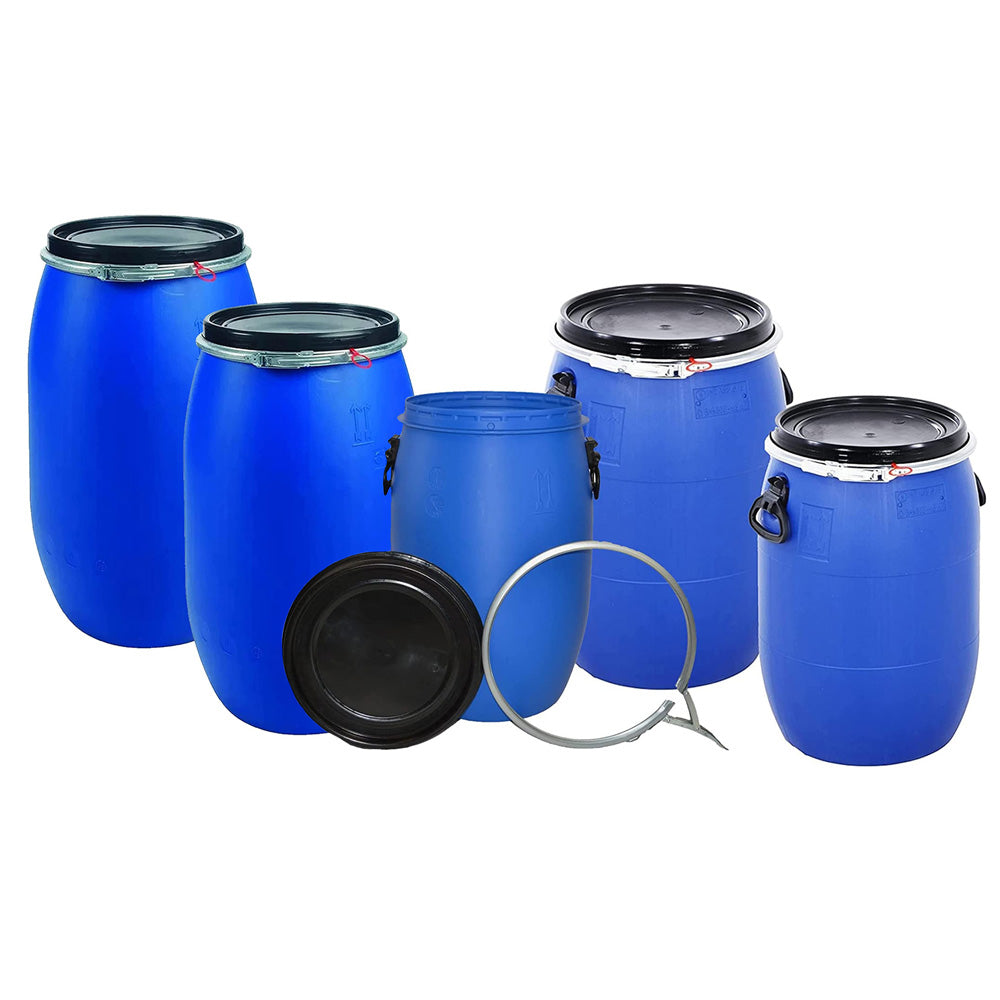 Large 30L 60L 120L 150L 220L Plastic Blue Open Top Food Grade Keg Barrel Storage Drums With Ring Latch & Lid