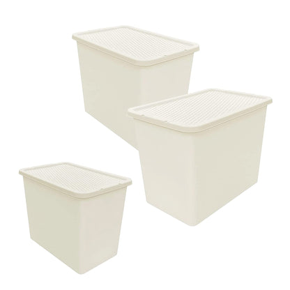 Large Cream Stackable 80 Litre Plastic Rattan Storage Containers With Lids