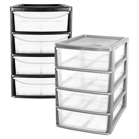 Black Or Silver A4 Desktop Bedside 4 Pull Out Storage Tower Units With Clear Drawers For Home Office