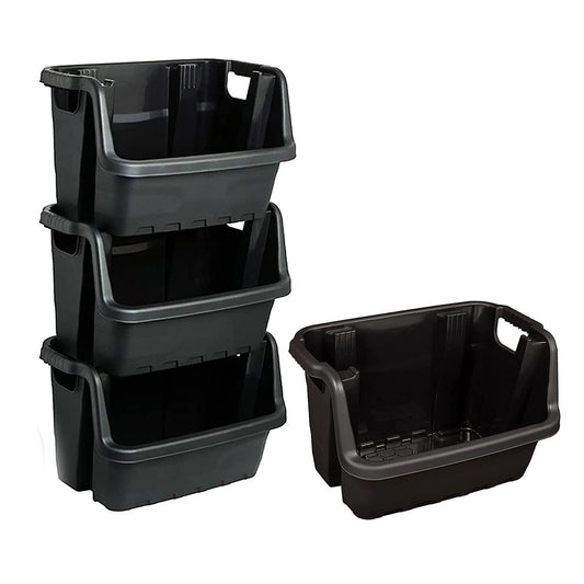 Open Fronted Black Plastic Crates Heavy Duty Stackable Storage Boxes