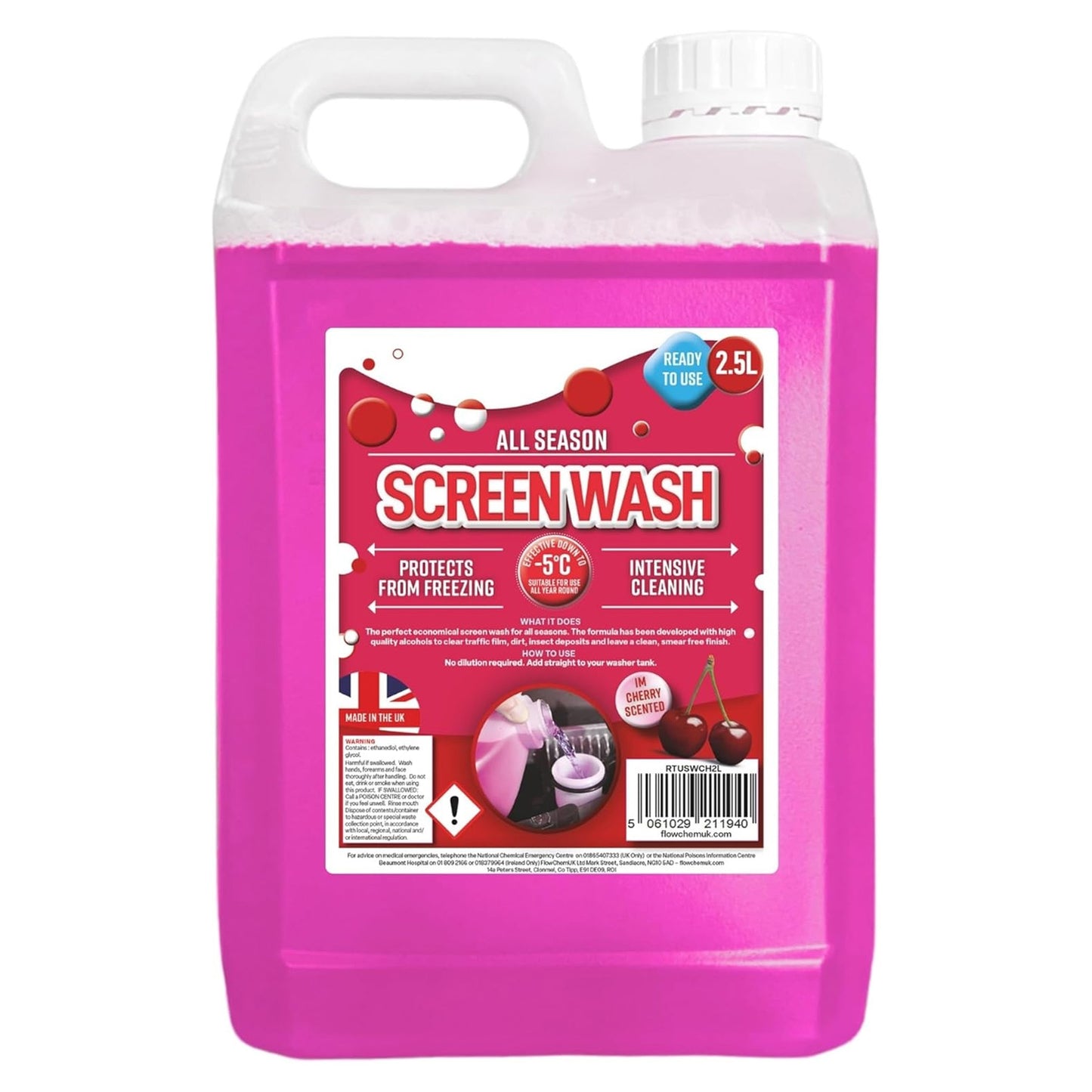 2.5L All Season Screenwash Protects From Freezing Cherry Scented Ready To Use