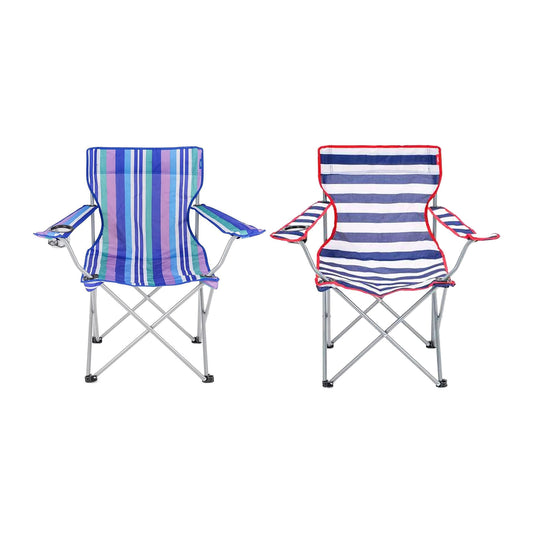 Outdoor Garden Patio Camping Lightweight Striped Folding Chairs With Cup Holder & Arm Rest