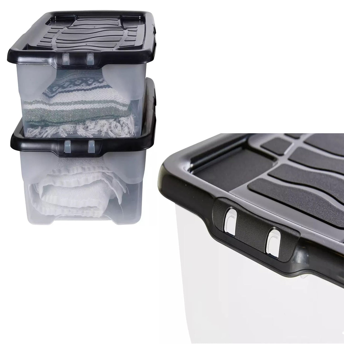 Pack Of 2 Underbed Clear Plastic Stackable Storage Boxes With Black Lids