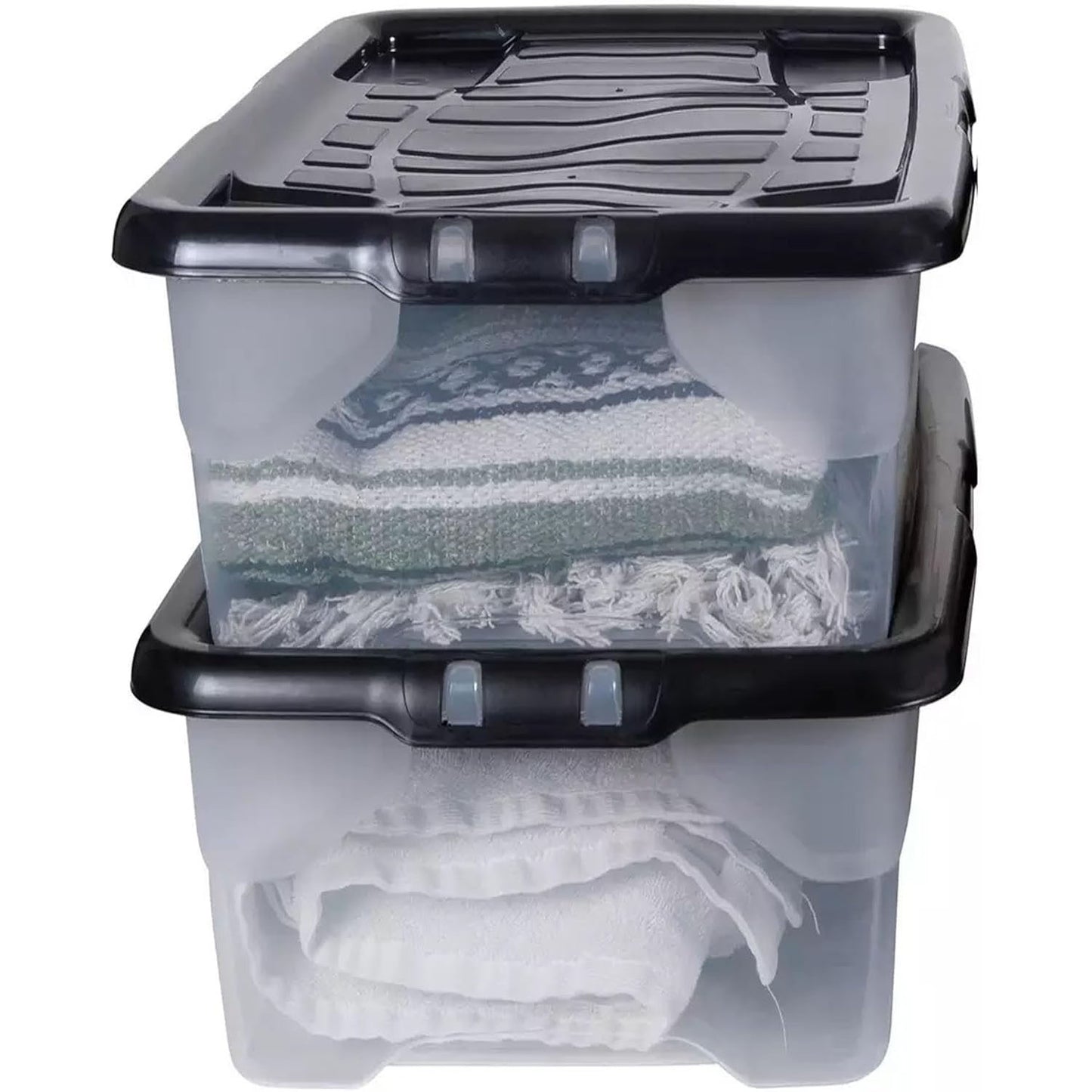 Pack Of 2 Underbed Clear Plastic Stackable Storage Boxes With Black Lids